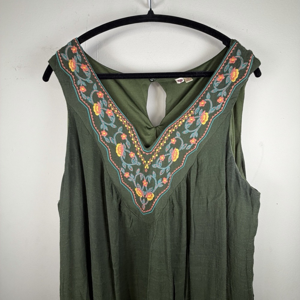 AUW MIDI Dress Floral‎ Print V Neck Embroidered Plus 3X Green Sleeveless Boho - Picture 2 of 10